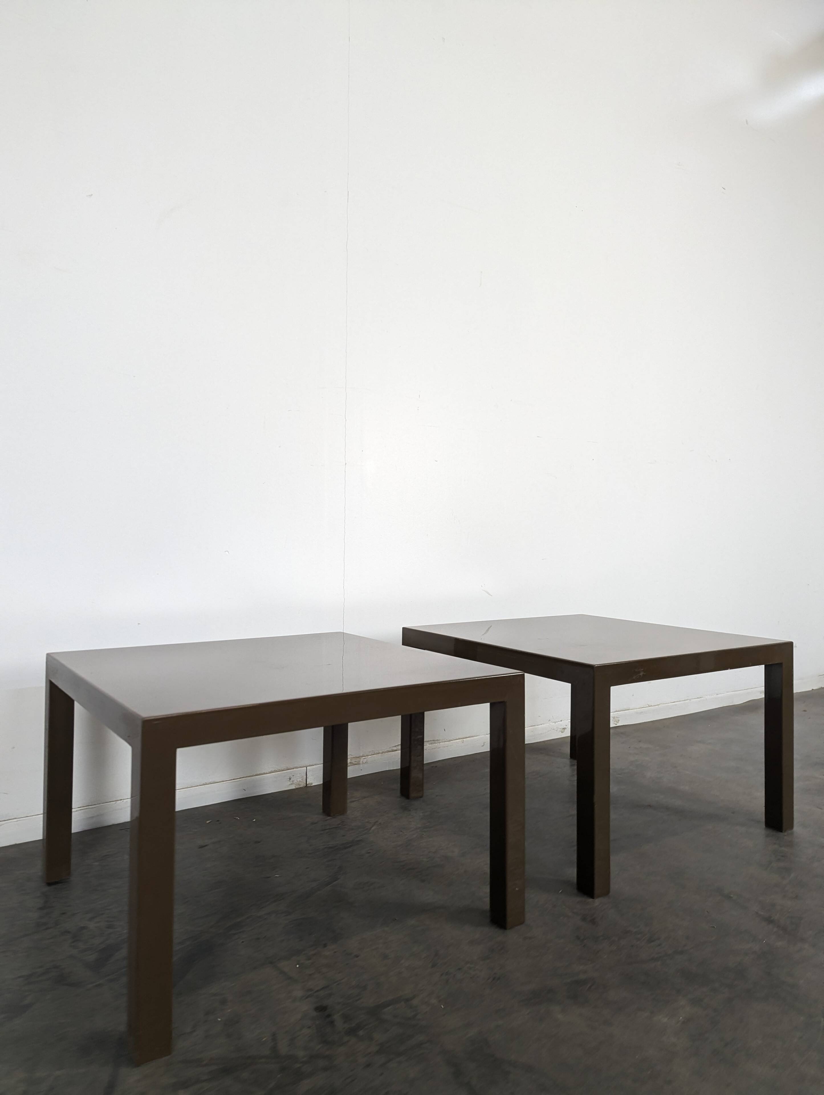 Pair of glossy brown lacquered side tables