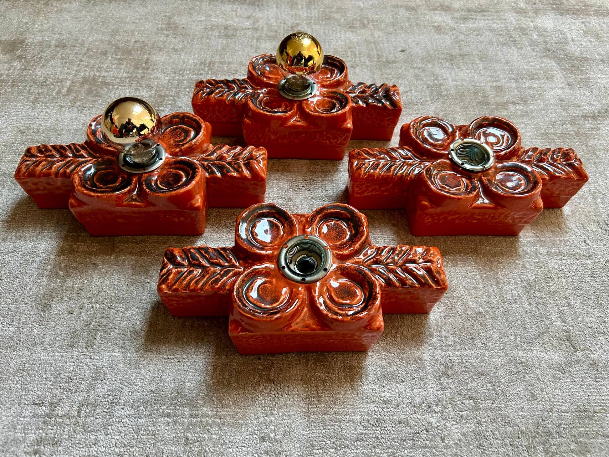 Set of 4 wall sconces in ceramic by Traudl Brunnquell, model 4320, West Germany, 1970s, Fat Lava.