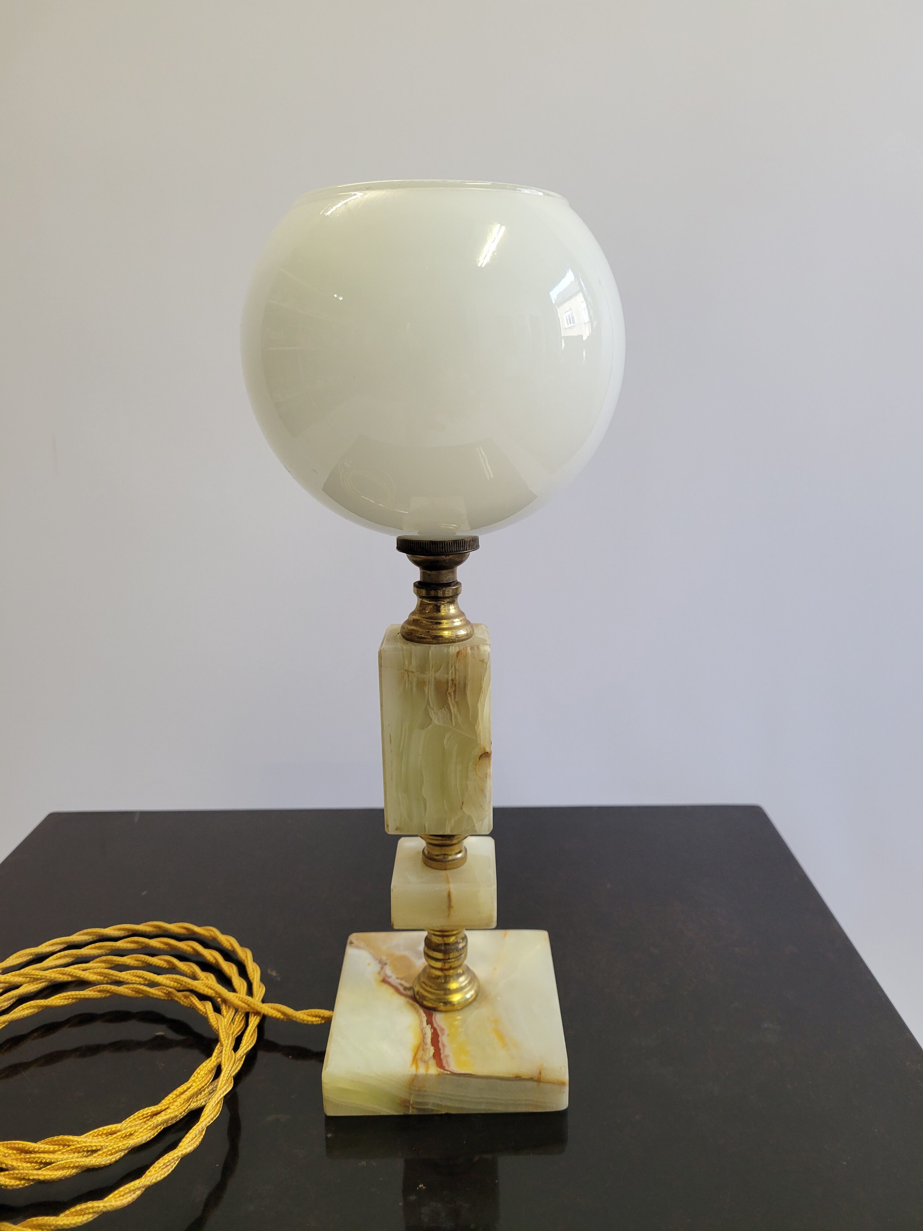 Onyx and brass lamp with opaline globe