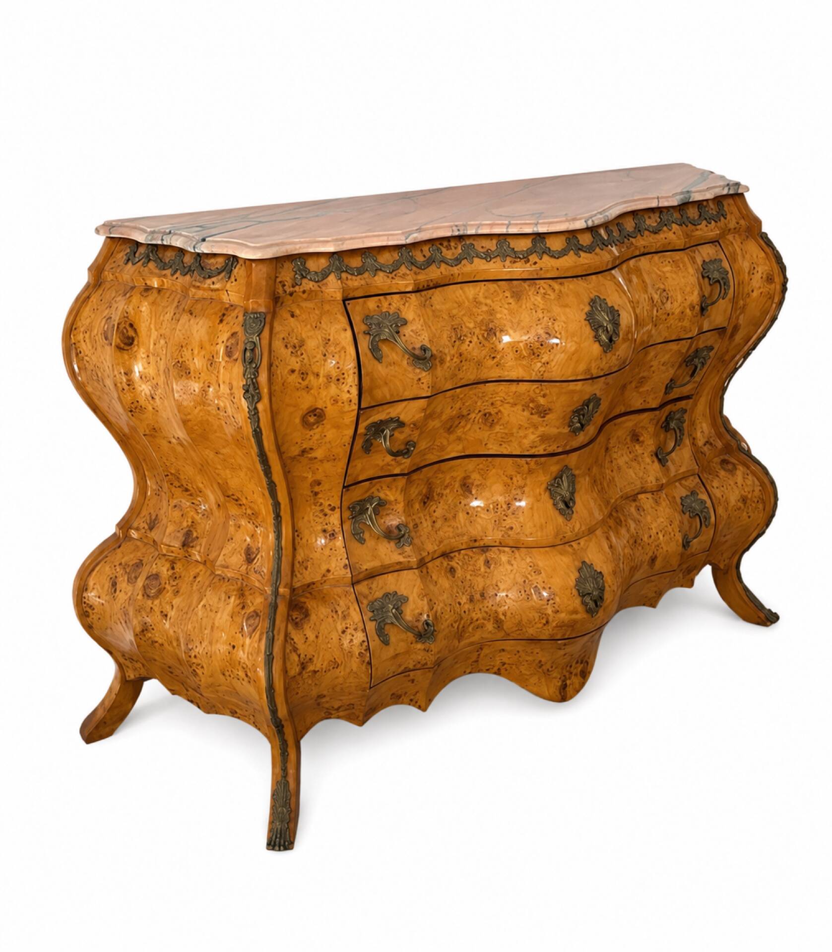 Grande commode bombée Louis XIV/Régence en loupe, bronze & marbre rose