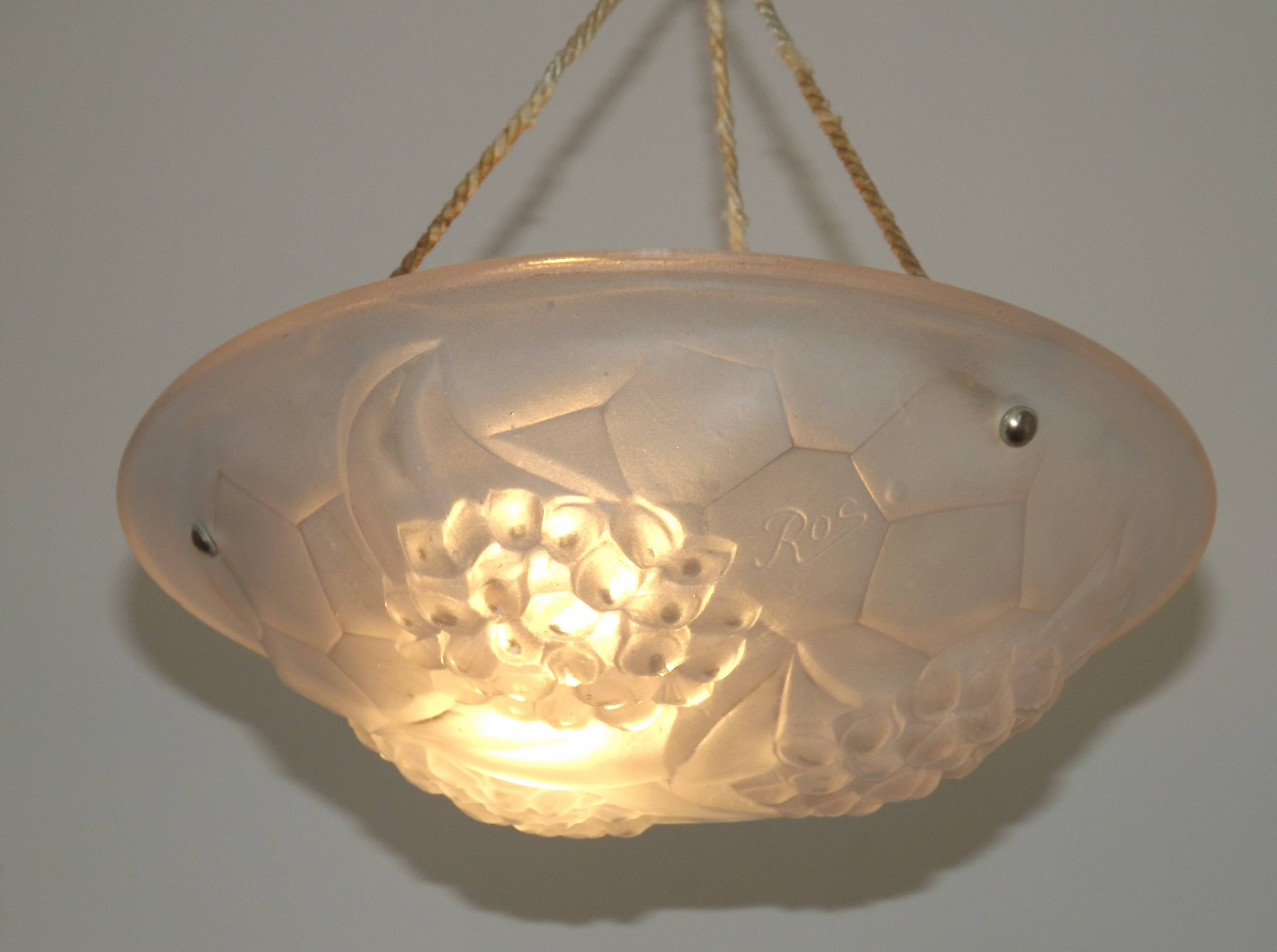 French Art Deco Ceiling Light ROS Degue Frosted Molded Glass Plafonnier