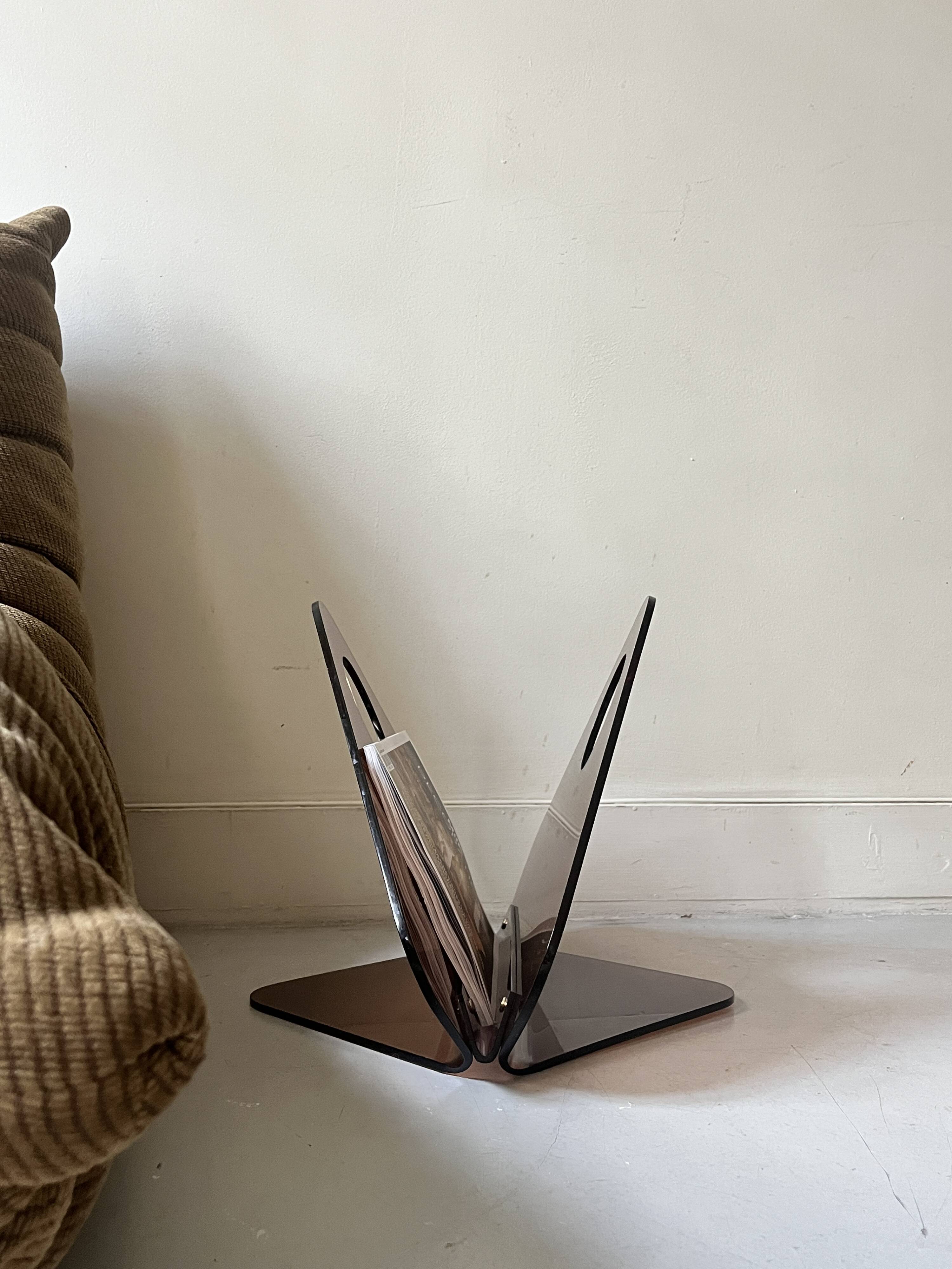 magazine holder in smoked plexiglass, design 1970