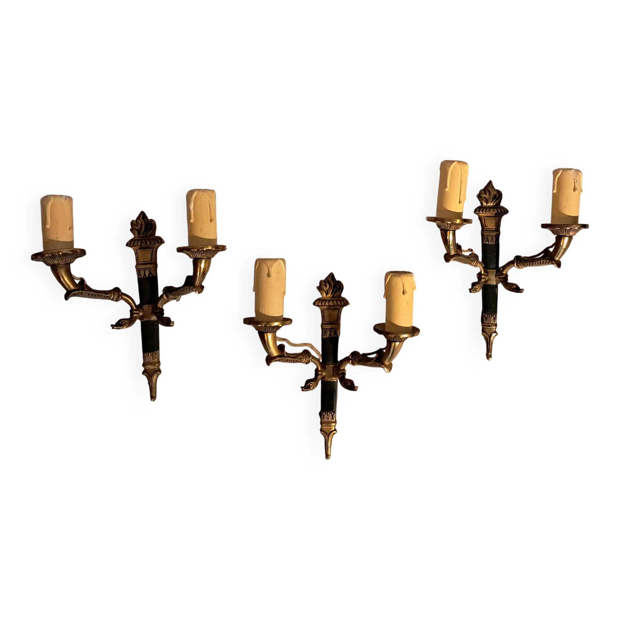 Set of 3 Empire style wall lights in bronze and gilded and green lacquered brass, Circa 1950.