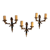 Set of 3 Empire style wall lights in bronze and gilded and green lacquered brass, Circa 1950.