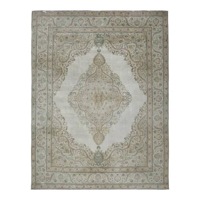 1970s Vintage Persian Handmade Wool Cotton Beige Area Rug 284x374