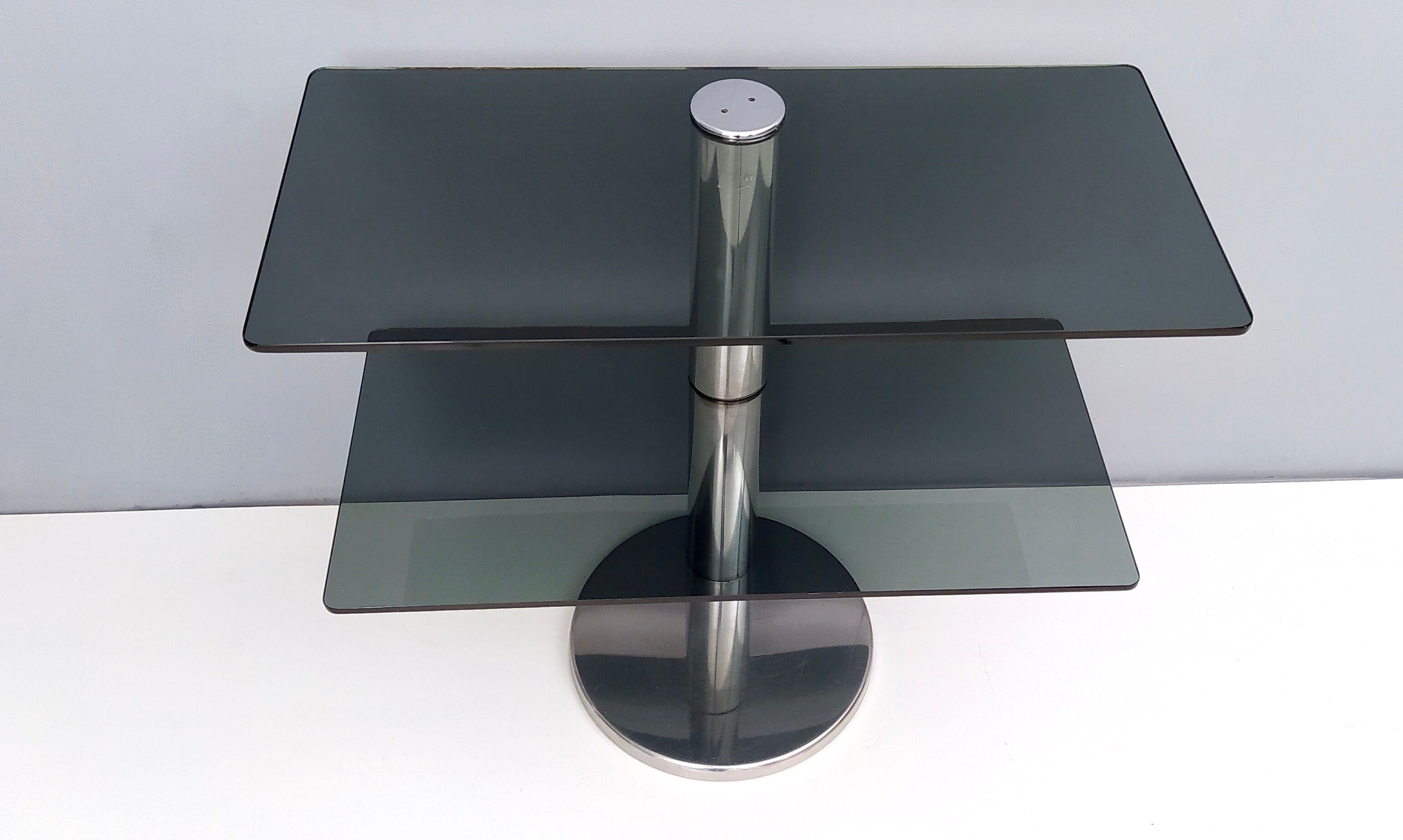 Postmodern Chromed Metal Console Table with Two Smoked Glass Shelves, Italy