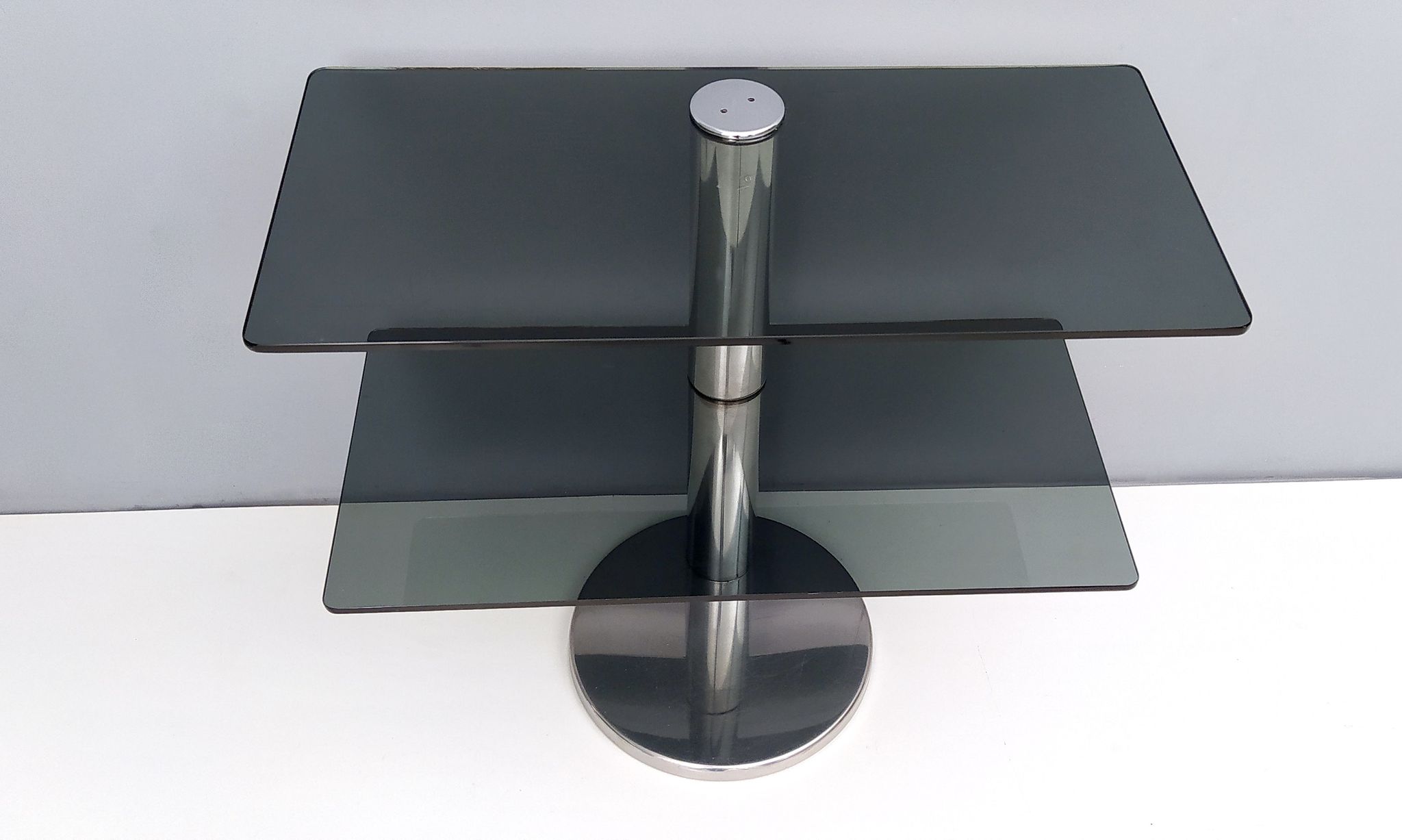 Postmodern Chromed Metal Console Table with Two Smoked Glass Shelves, Italy