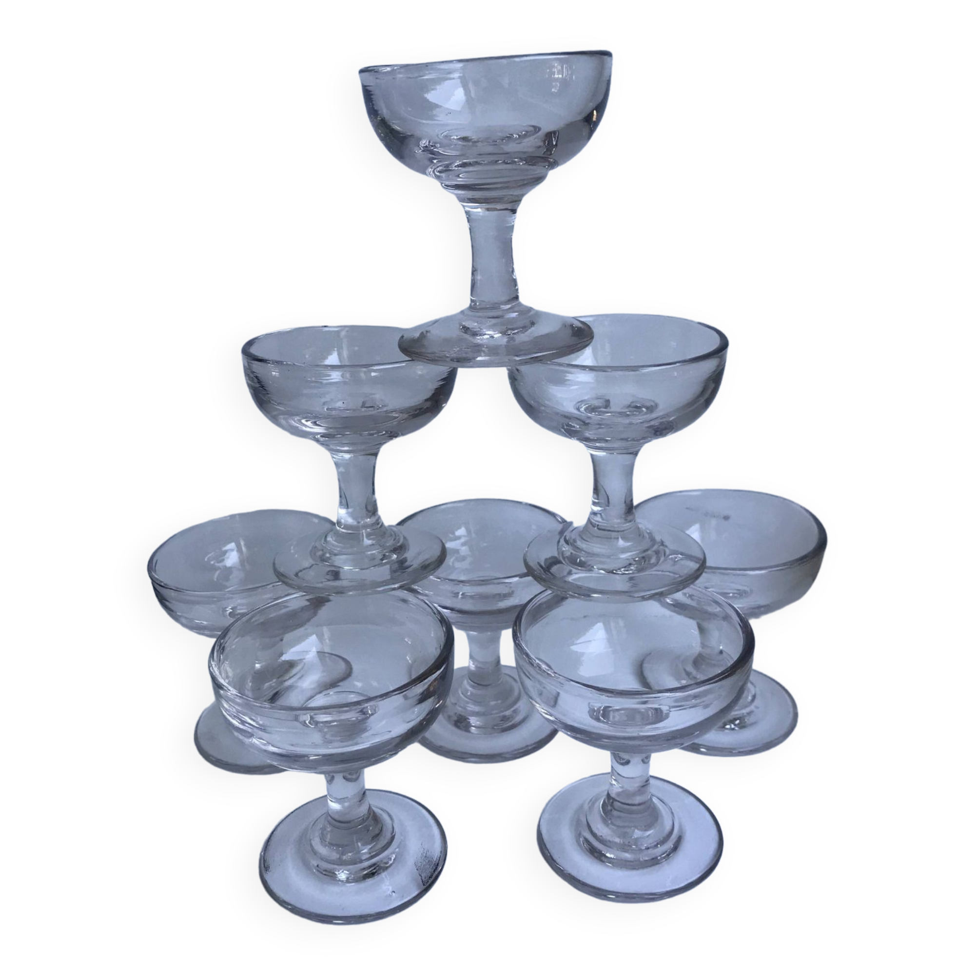 set of 9 small molded glass shot glasses early twentieth century