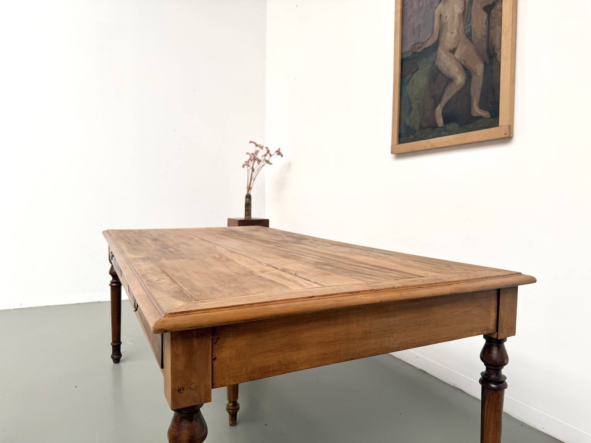 Farm table with 5 feet in beech and 4 drawers, 1950s.