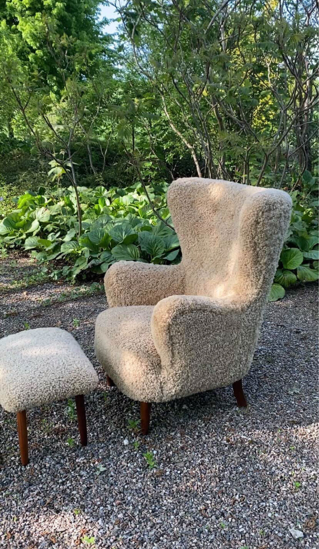 Vintage Wingback Chair & Footstool in sheepskin