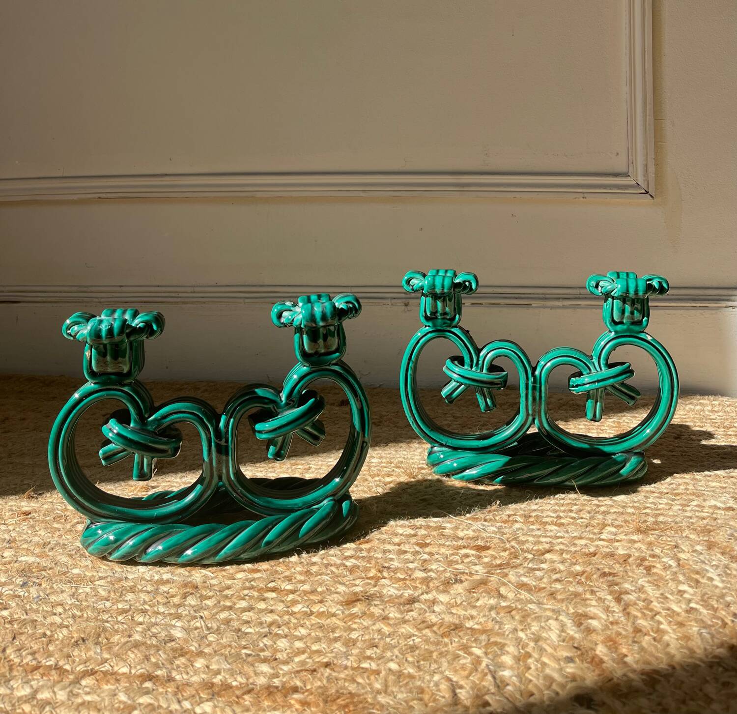 Pair of Vallauris candlesticks in woven ceramic