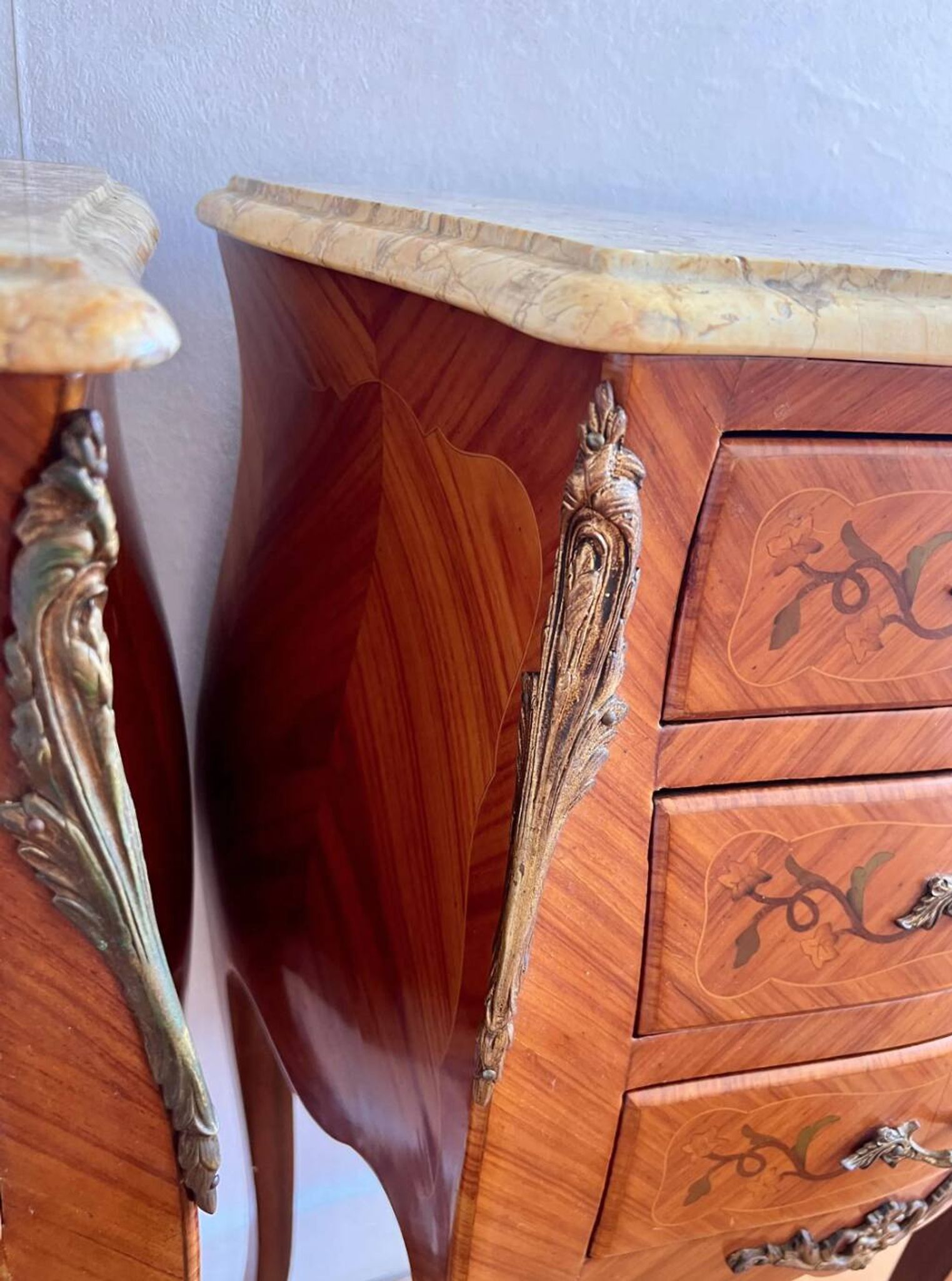 Pair of vintage French bedside tables, set of rosewood nightstands with marquetry.