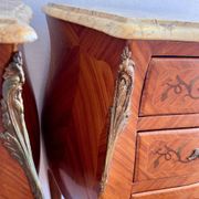 Pair of vintage French bedside tables, set of rosewood nightstands with marquetry.