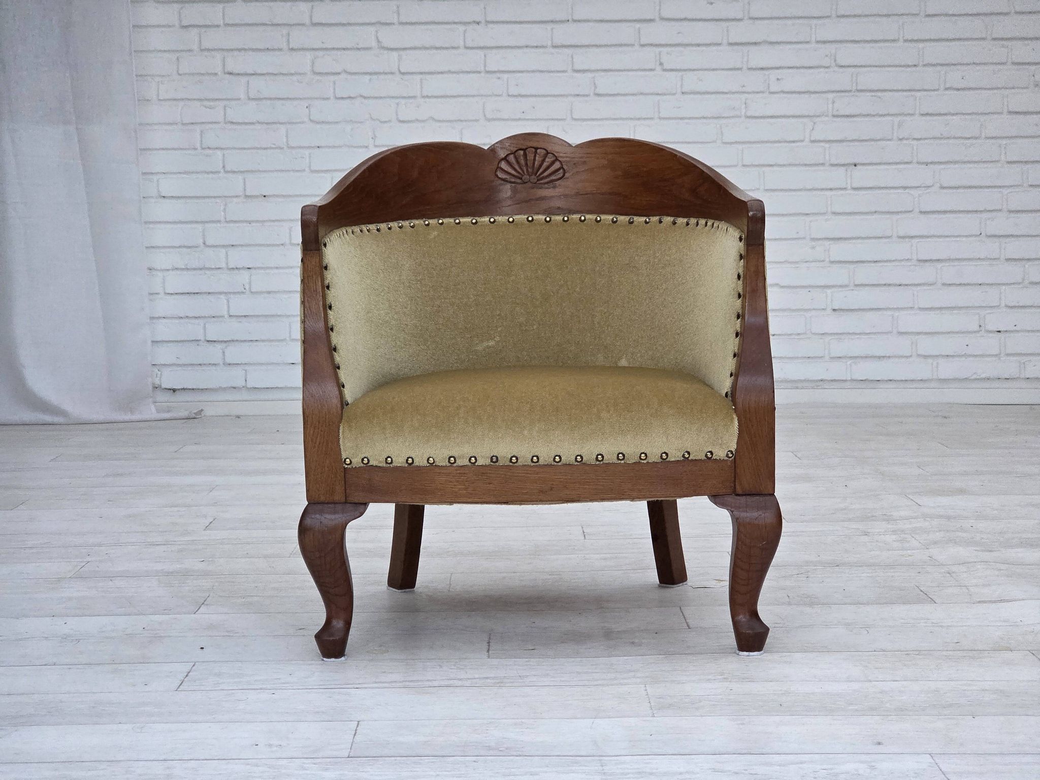1960s, Danish side/children's armchair, light green furniture velour, oak w
