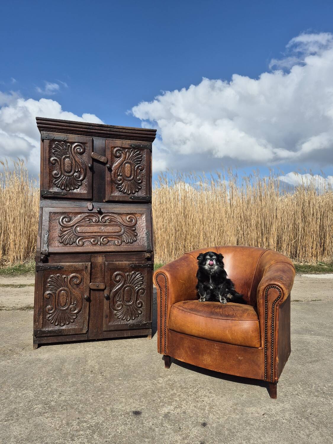 antique cabinet with carvings and wrought iron fittings rural