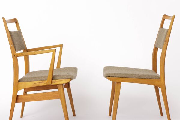 Ensemble de 3 chaises vintage en hêtre, 2 chaises de côté et 1 fauteuil, années 1970, Allemagne