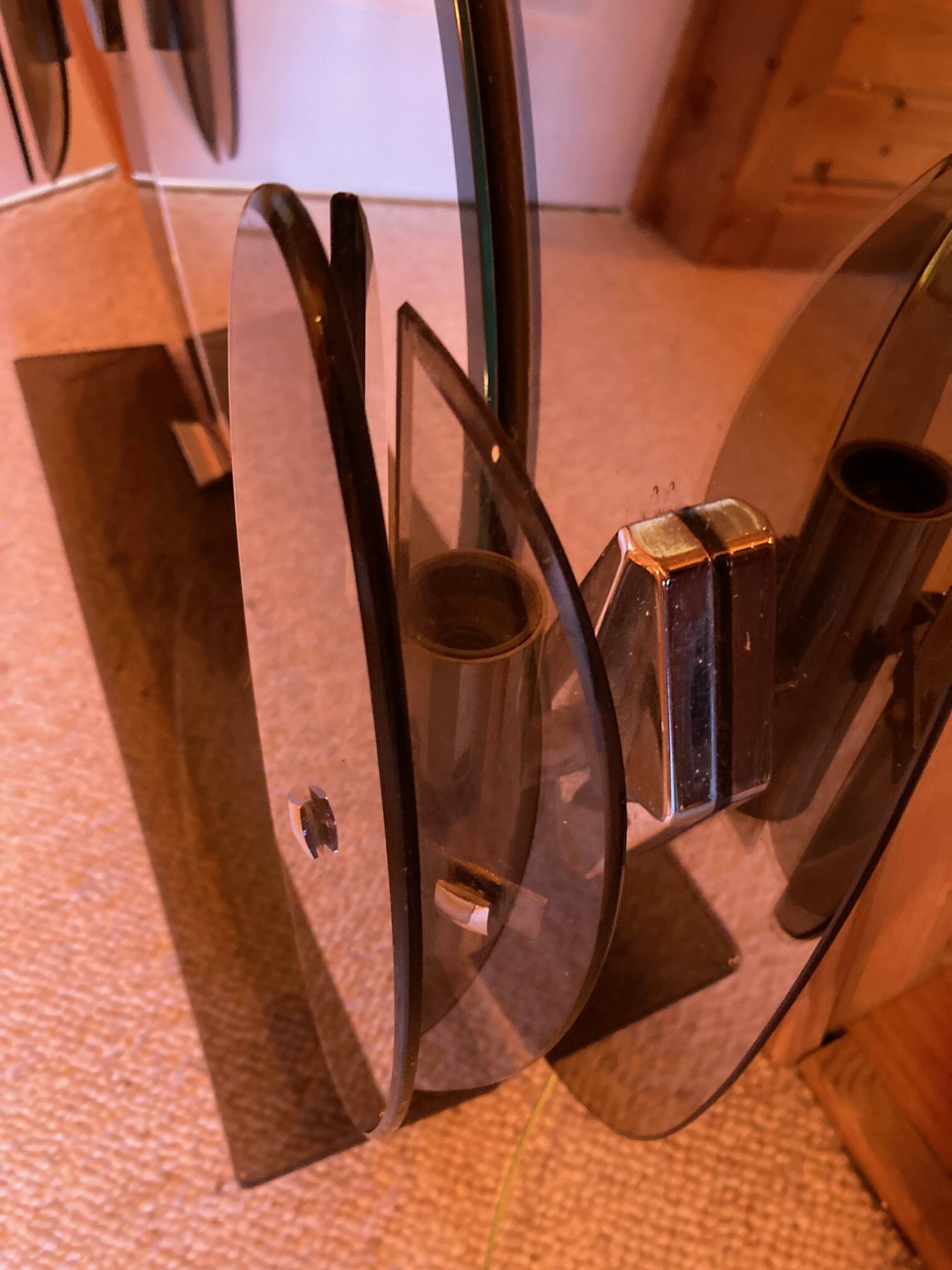 Brown smoked glass wall mirror - sconces & shelf - Italian design 1