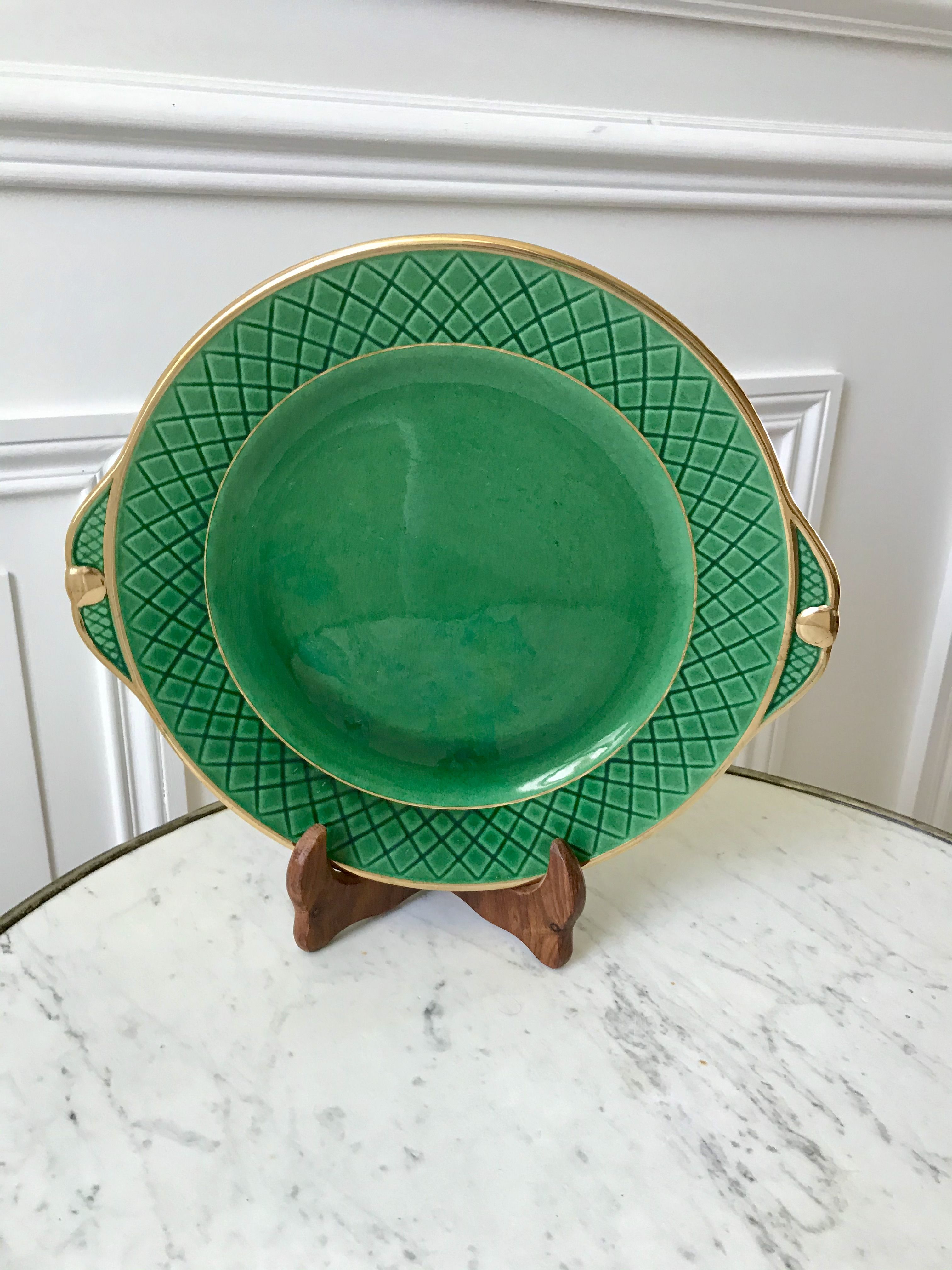 dessert service 12 dessert plates and a green and golden Art Deco cake dish 40s