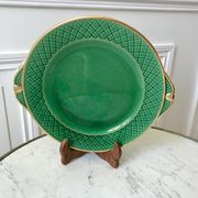 dessert service 12 dessert plates and a green and golden Art Deco cake dish 40s