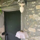 Lustre, suspension en opaline rose et intérieur blanc, complète ancienne