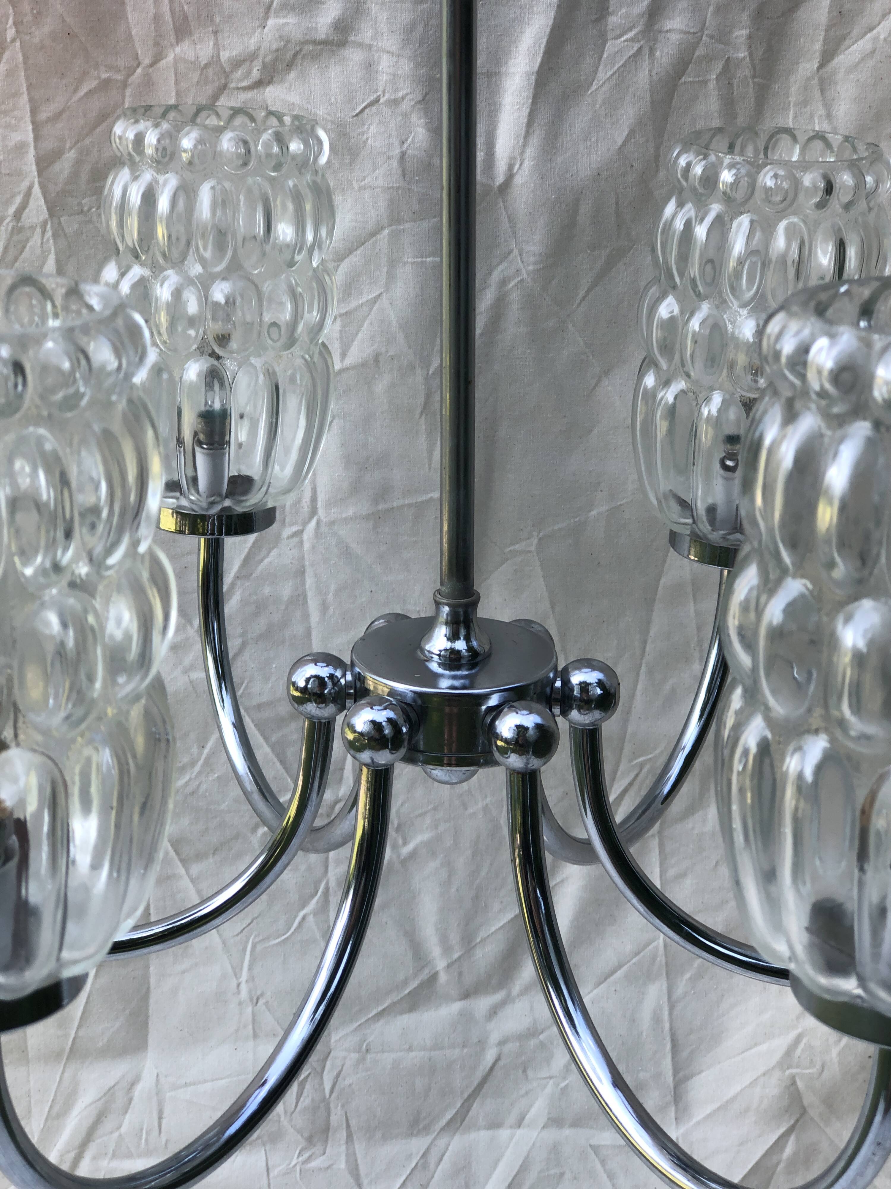 6-branched chrome chandelier & glass lampshades