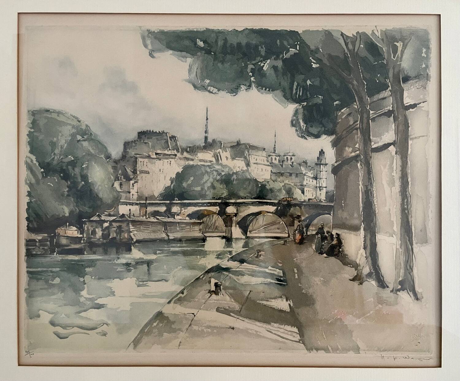 Original engraving signed Wagner, quais de Seine Paris