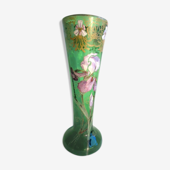 Vase "printemps" art nouveau verre émaillé Legras d'iris violets et dentelle or