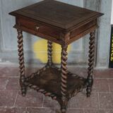 Antique turned wood bedside table with drawer, side table, nightstand