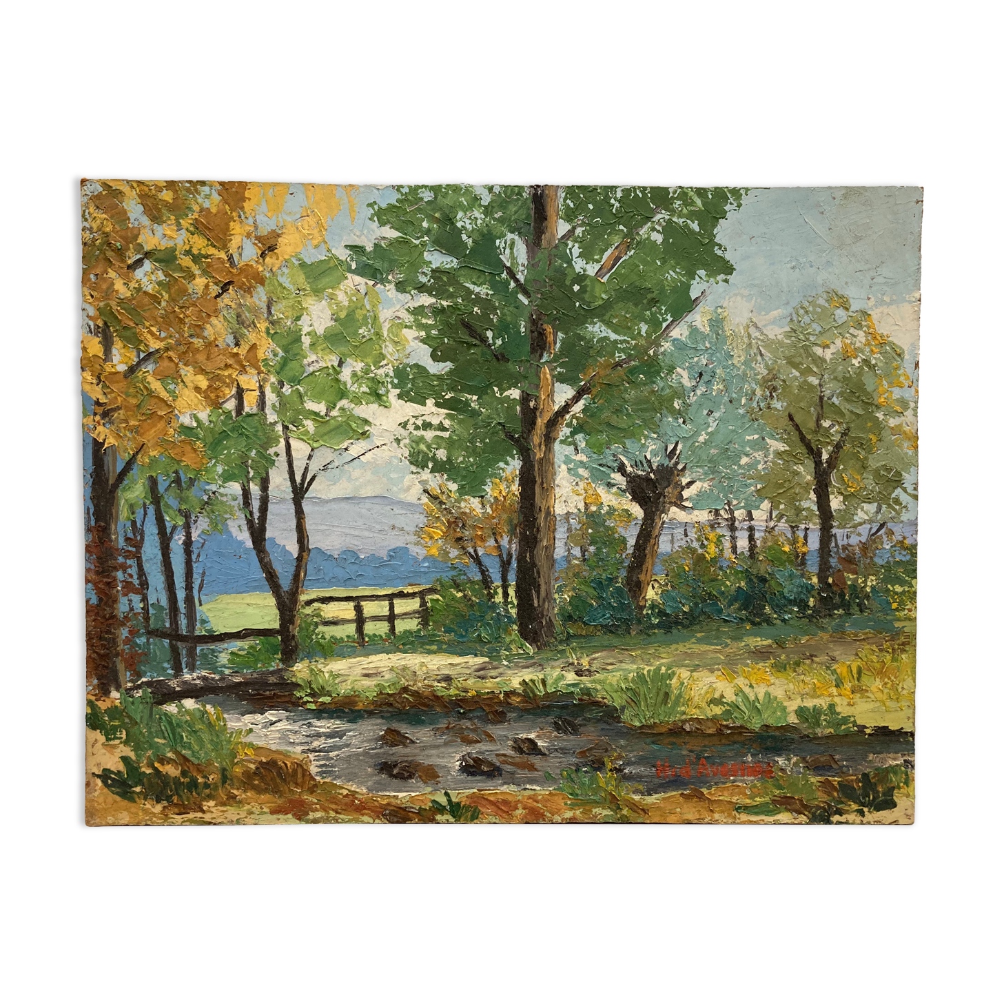 Oil on panel Landscape at the watercourse