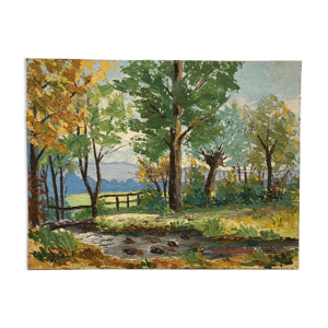 Huile sur panneau Paysage au cours