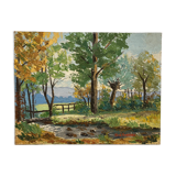Oil on panel Landscape at the watercourse