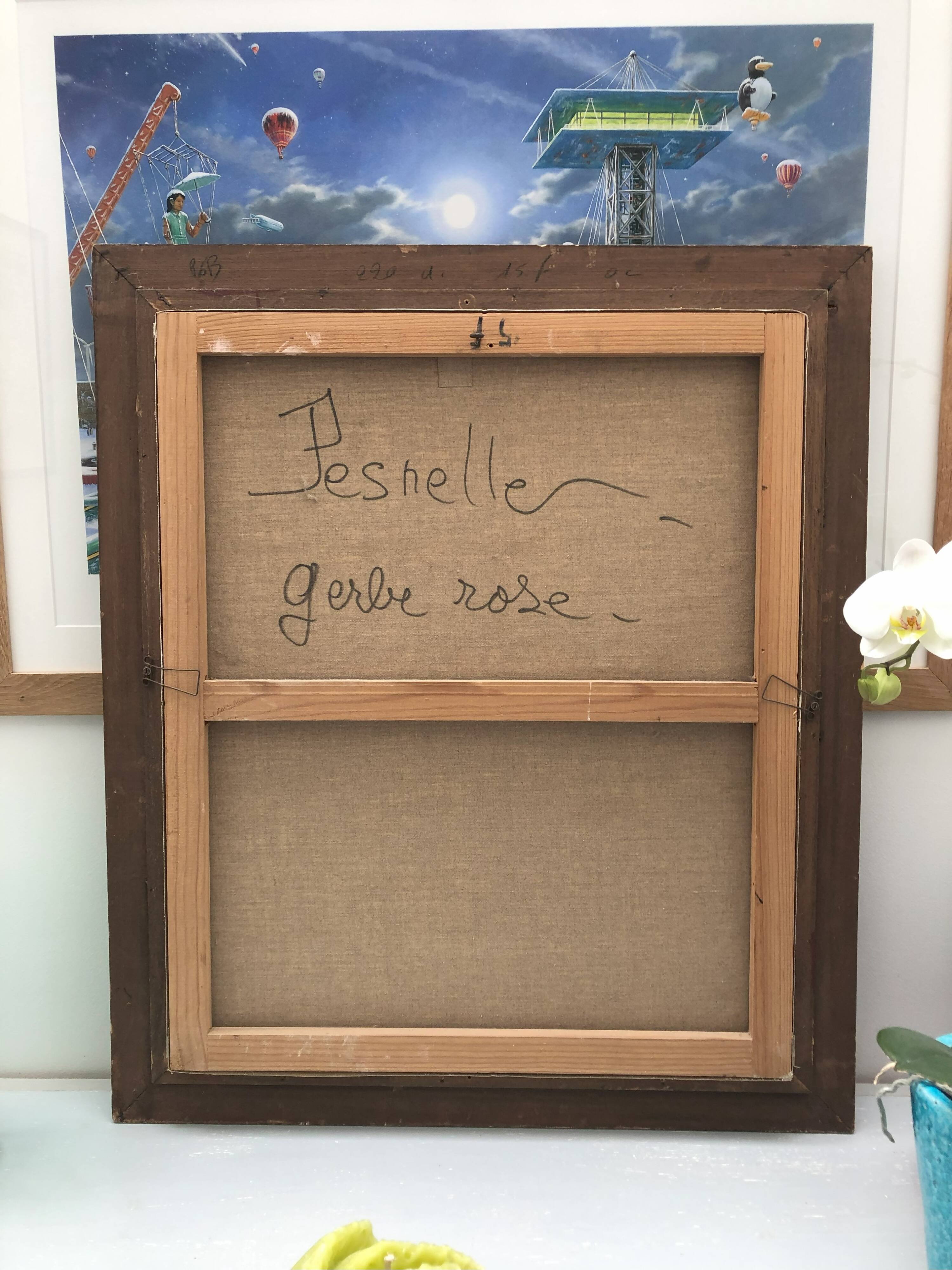 Old painting bouquet of pink flowers, iris, lupine, dahlia