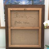 Old painting bouquet of pink flowers, iris, lupine, dahlia