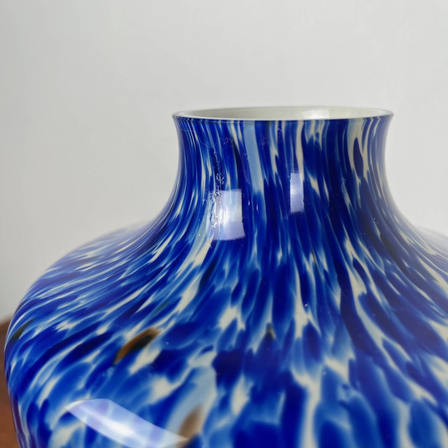 Blown glass vase with cobalt blue and white speckled effect, double walls
