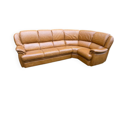 Grand canapé d'angle en cuir véritable marron cognac 6 places