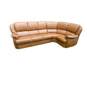 Large 6-seater corner sofa in cognac brown genuine leather