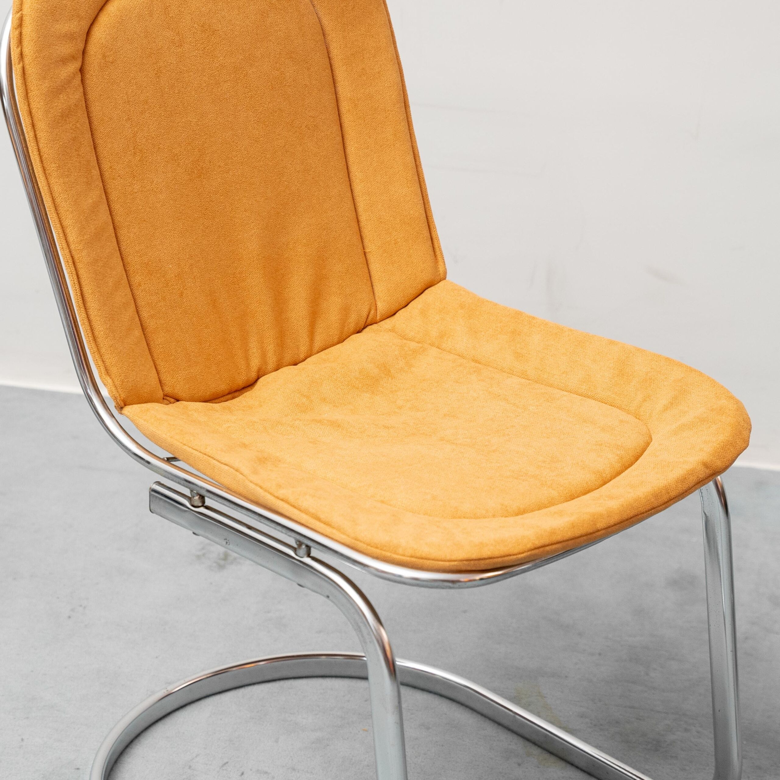 Set of 4 vintage Gastone Rinaldi chairs in chromed steel and yellow fabric, 1970s modernism