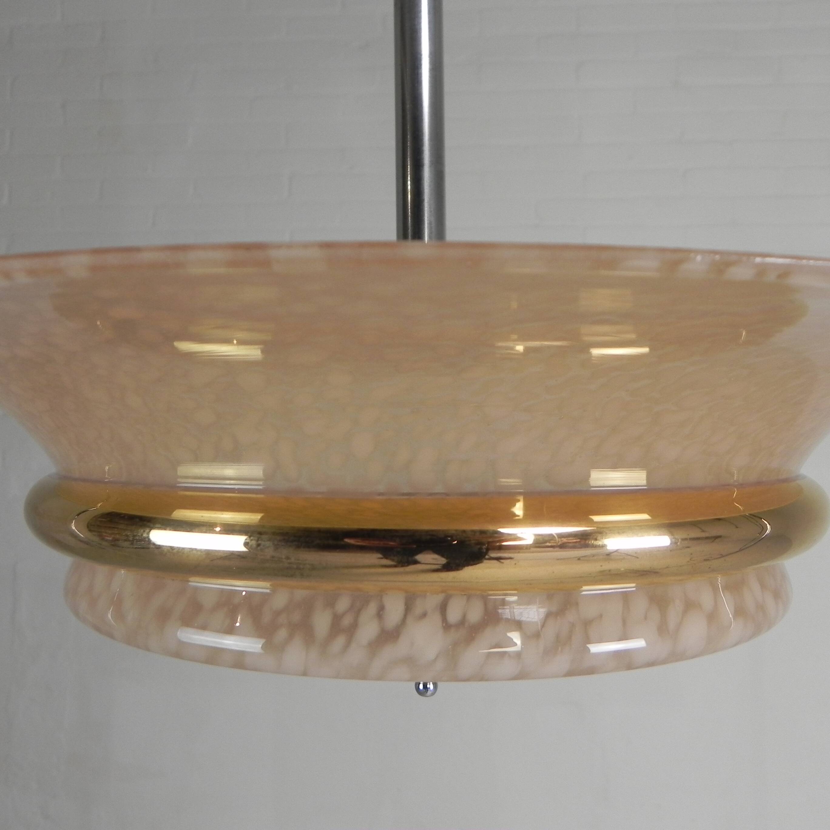 Art Deco suspension with cloudy glass shade and gold band, 1930s