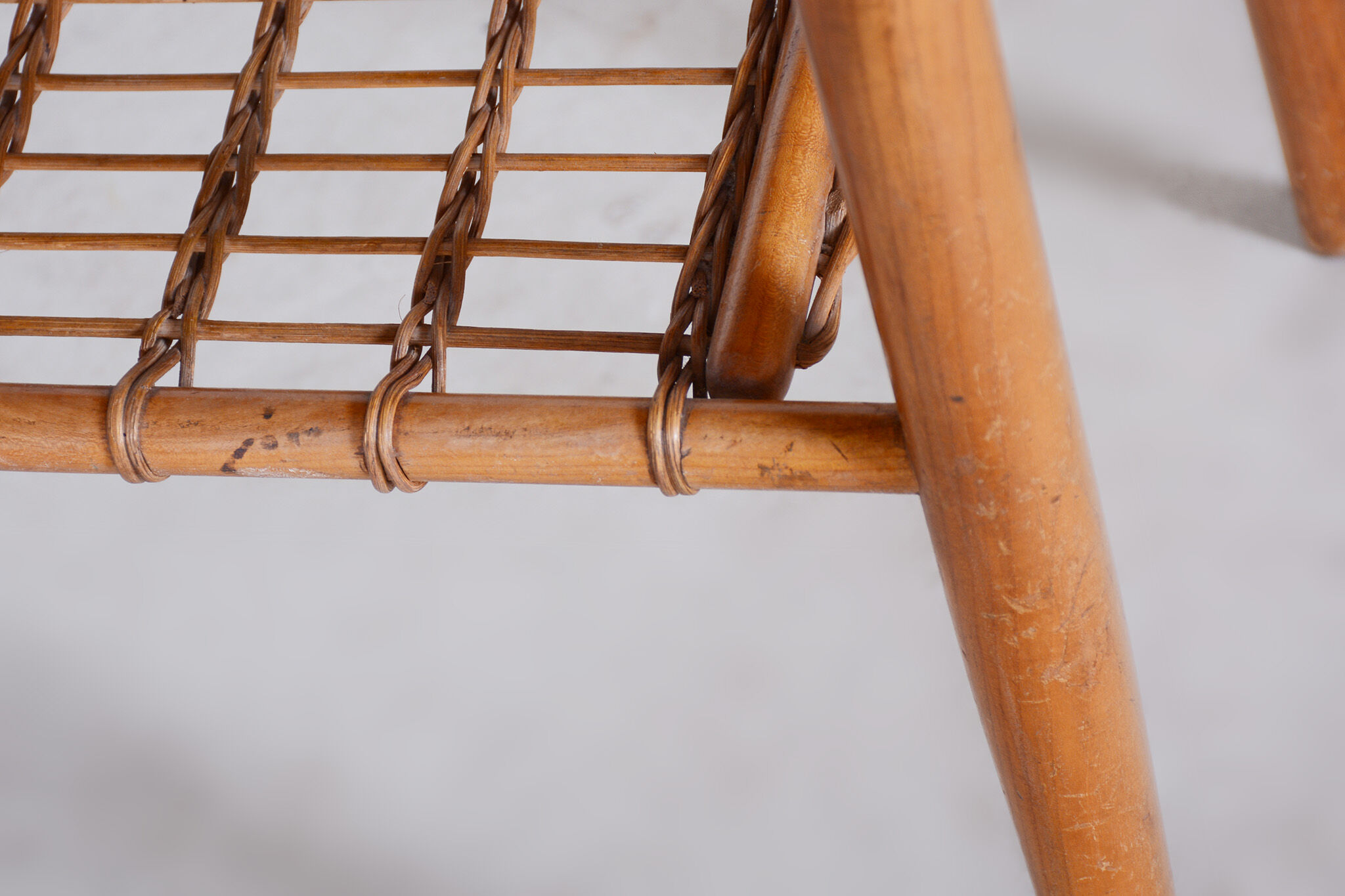Restored Mid-Century Style Coffee Table, Cherry-Tree, Rattan, 1950s, Czechia