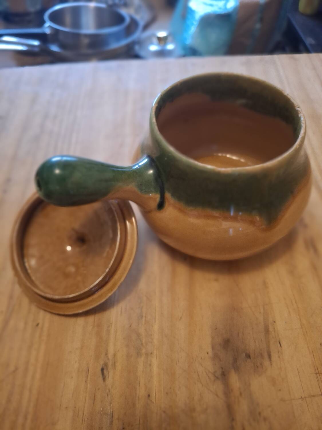 Vintage stoneware mini pot with lid and handle