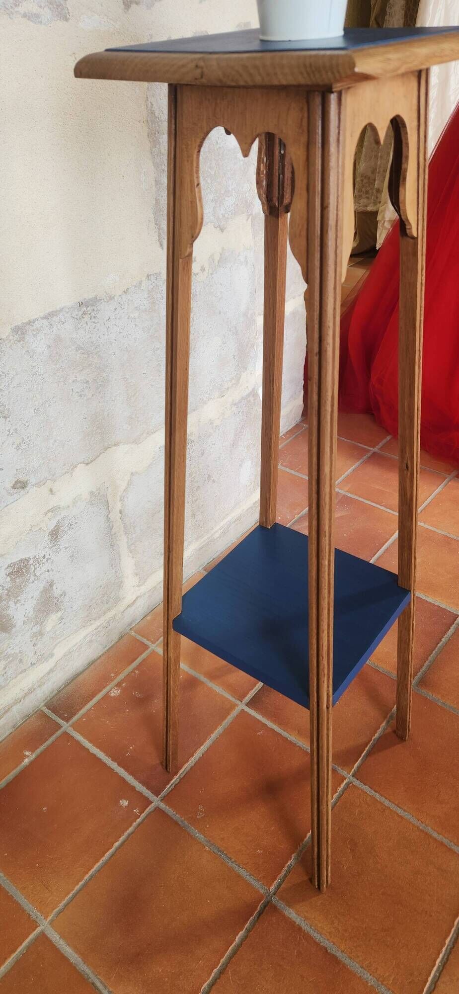 Deep Blue Wood Side Table with 2 Shelves Renovated
