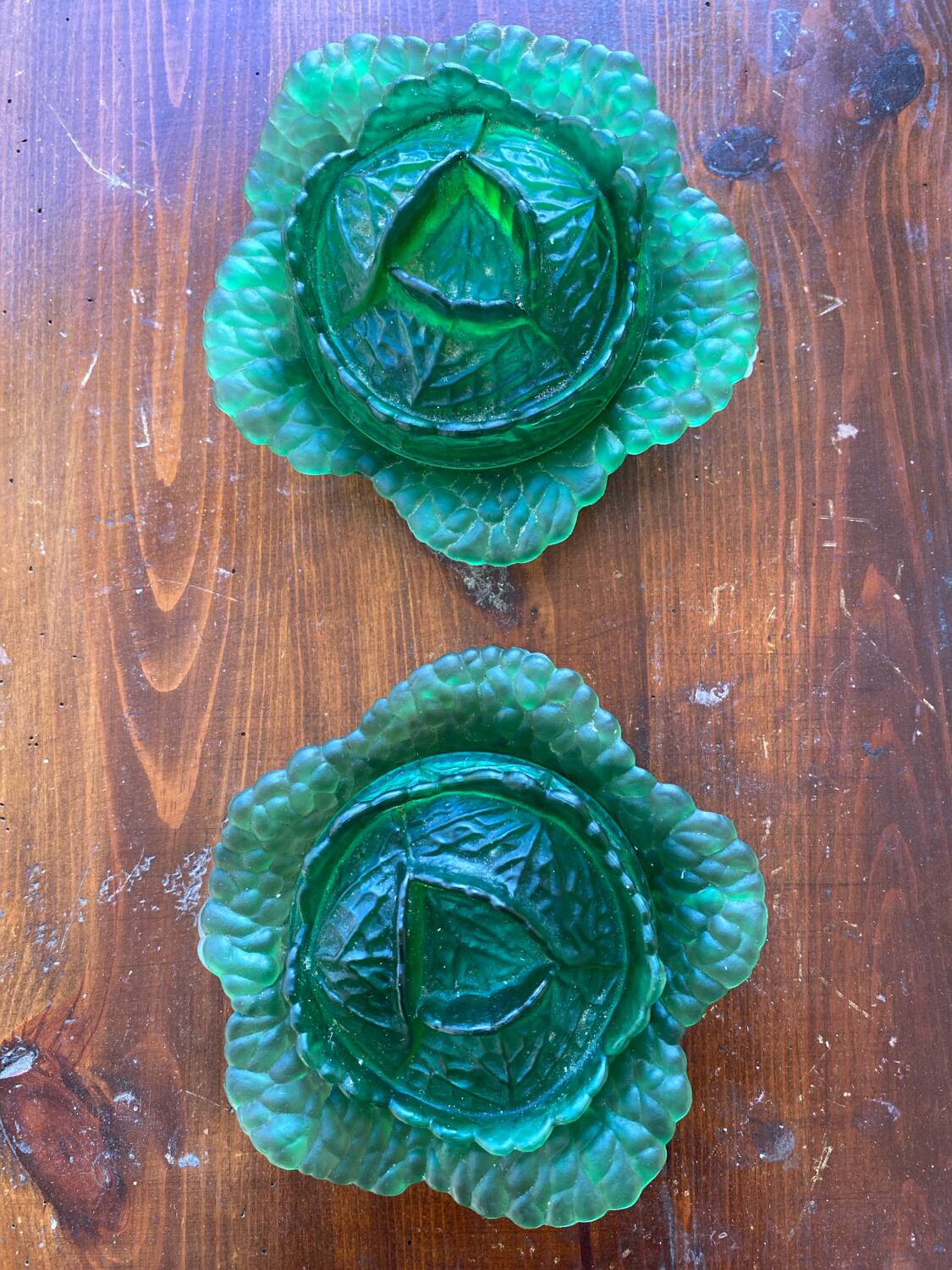 Pair of opaline sweet jars in the shape of a cabbage.