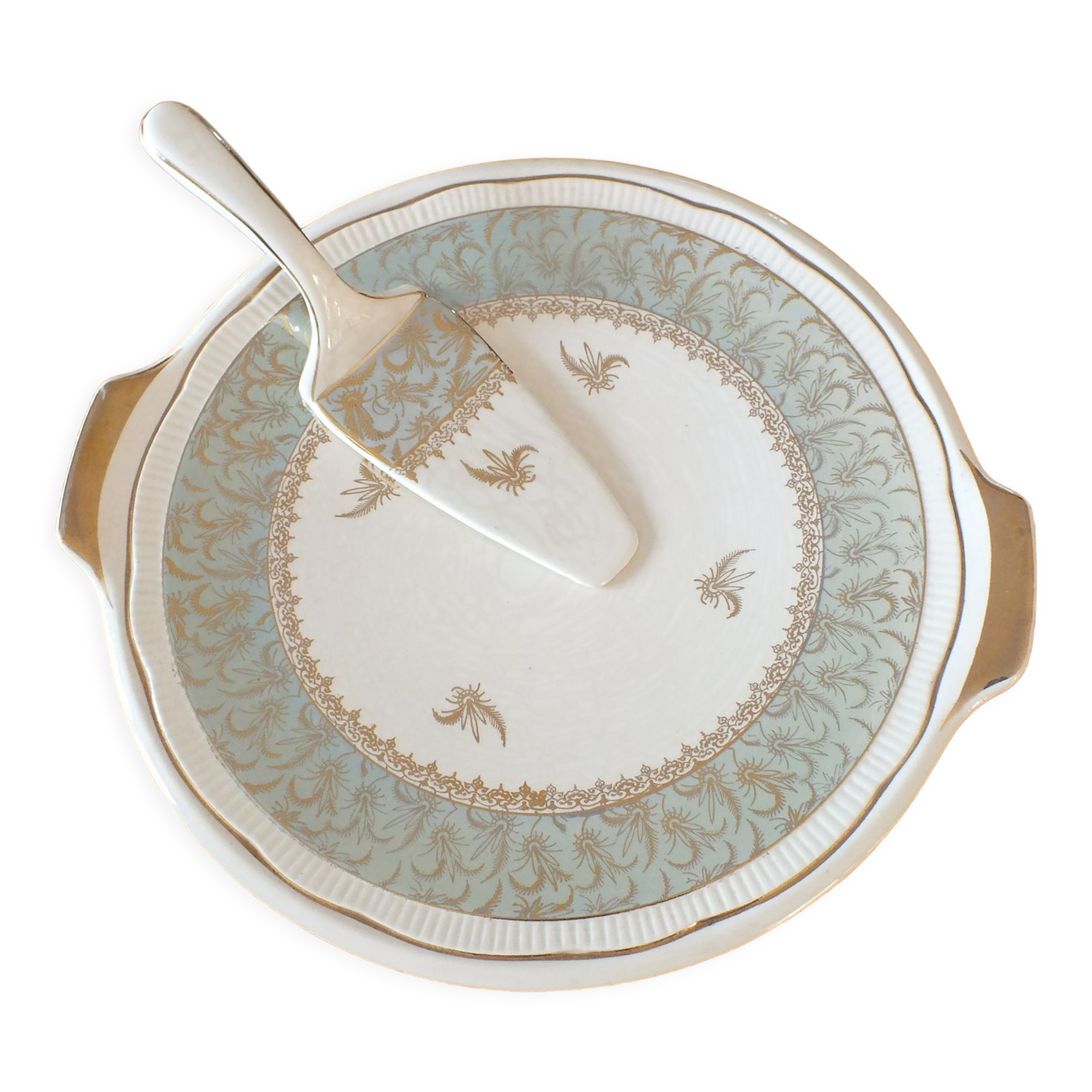 Plat et pelle à tarte en faïence de Sarreguemines vert crème et or 1950