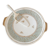 Dish + pie shovel in earthenware Sarreguemines green, cream and gold 1950