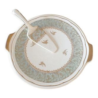 Dish + pie shovel in earthenware Sarreguemines green, cream and gold 1950
