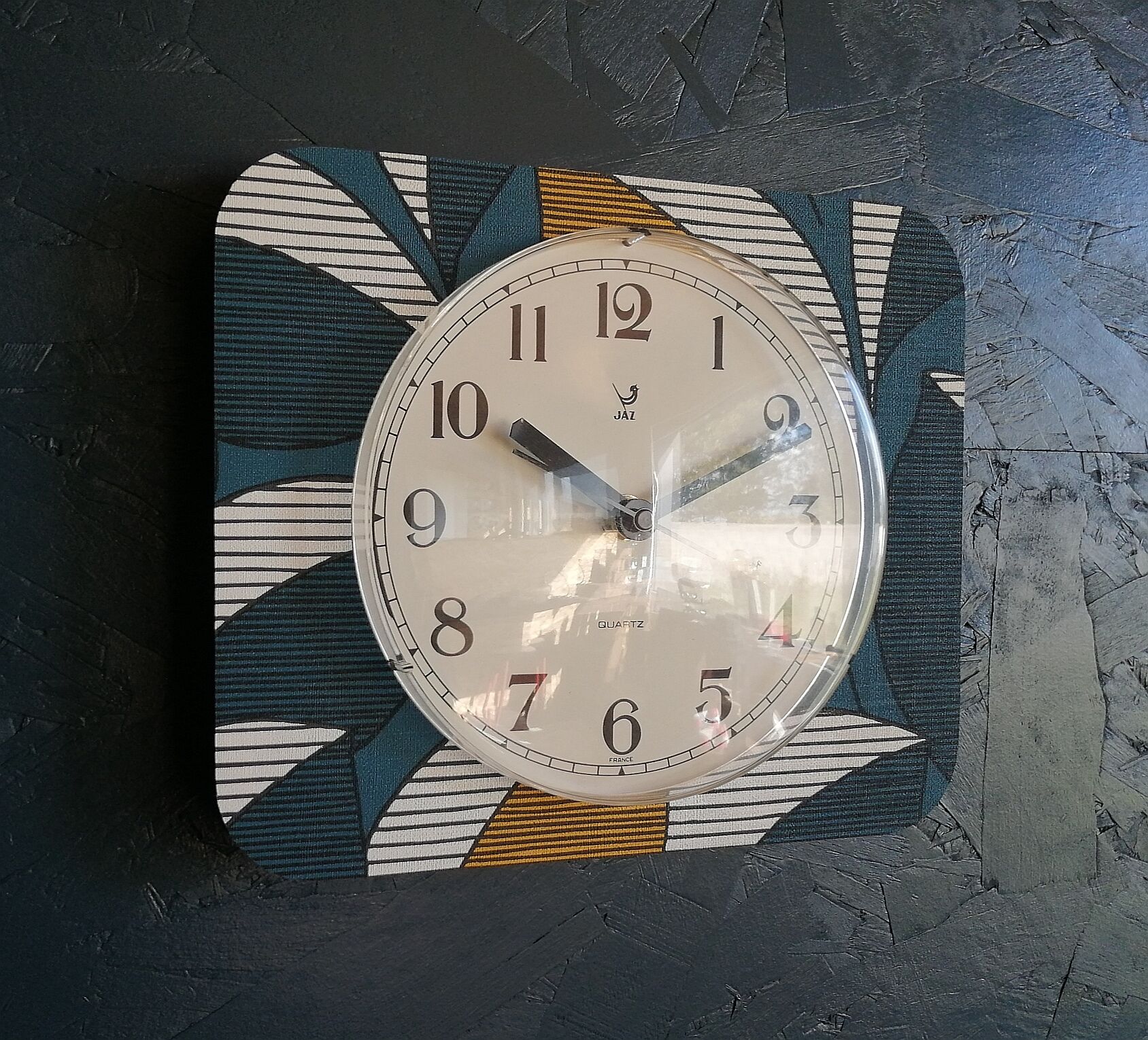 Vintage clock rectangular silent wall clock "Jaz blue white ochre"