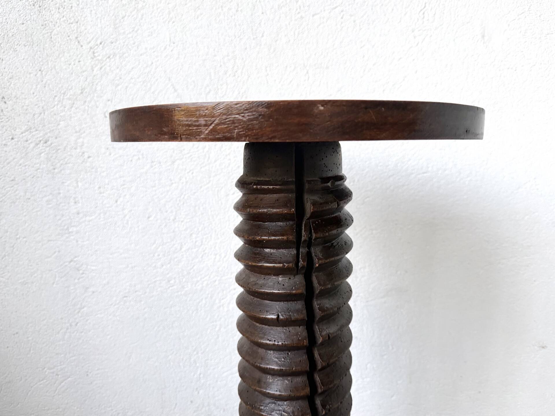 Solid oak press stool, metal base, 19th century.