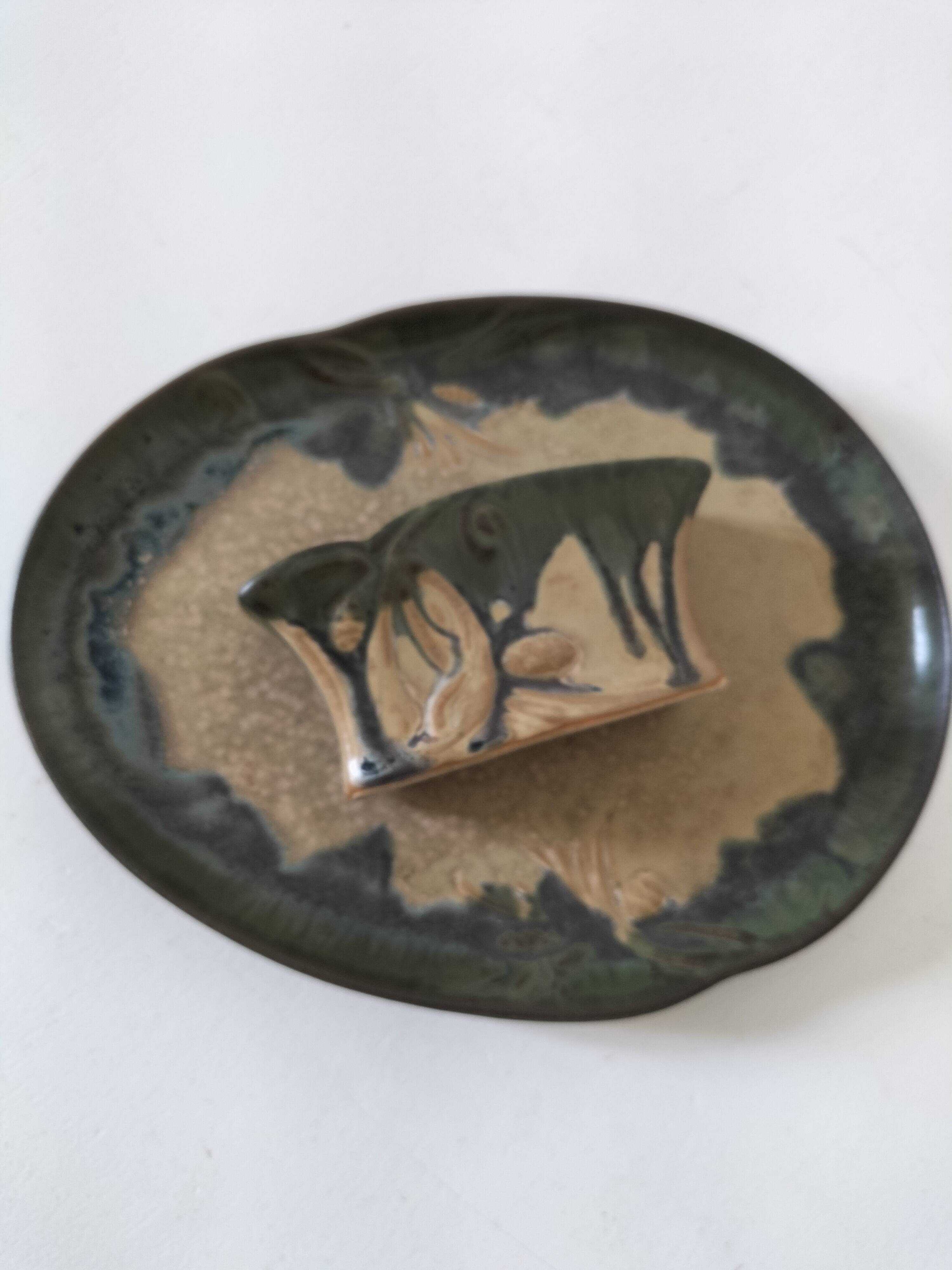 Pair of Denbac enamelled green and blue vide-poches.