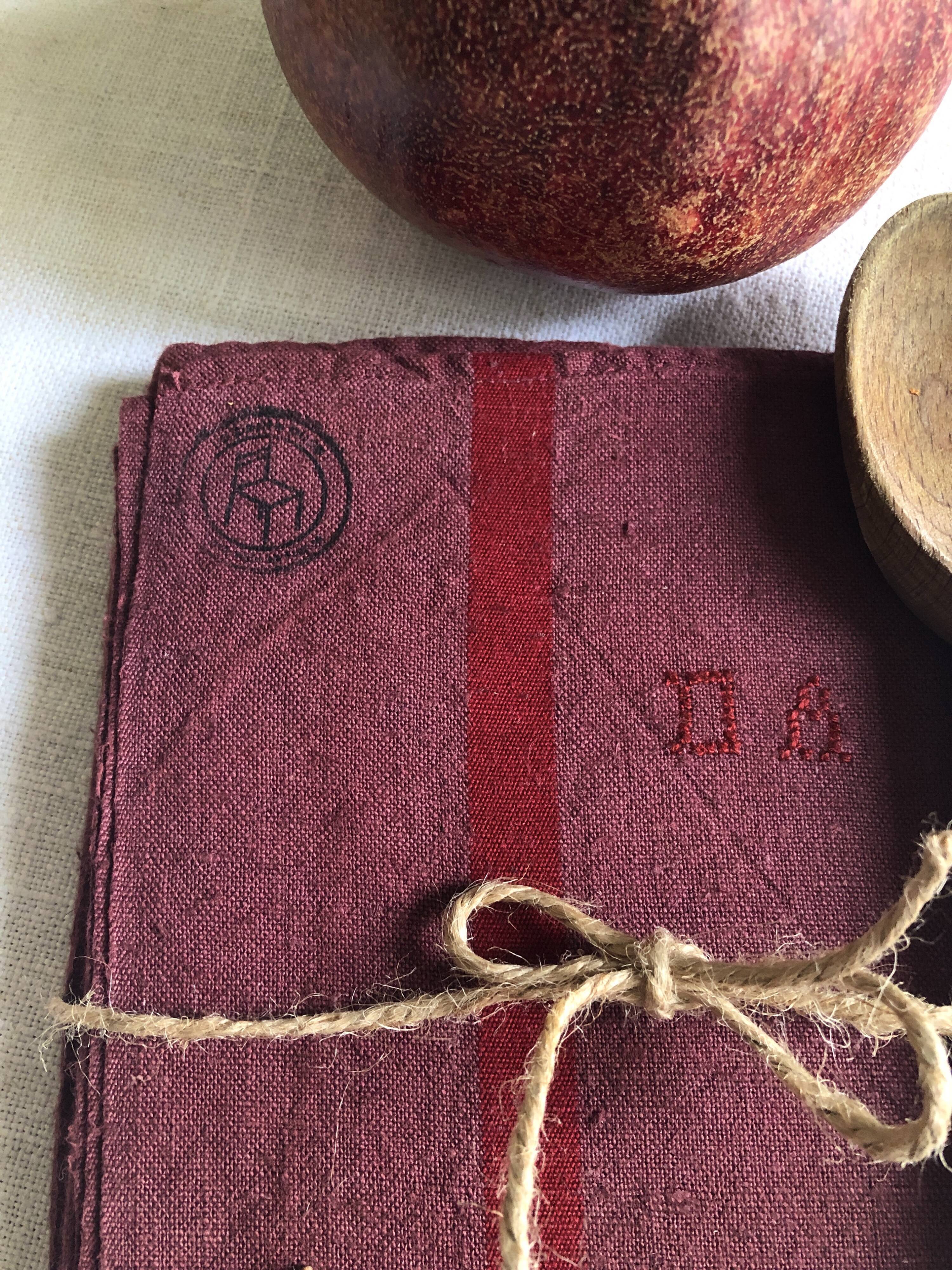 Old tea towel in linen and Burgundy cotton
