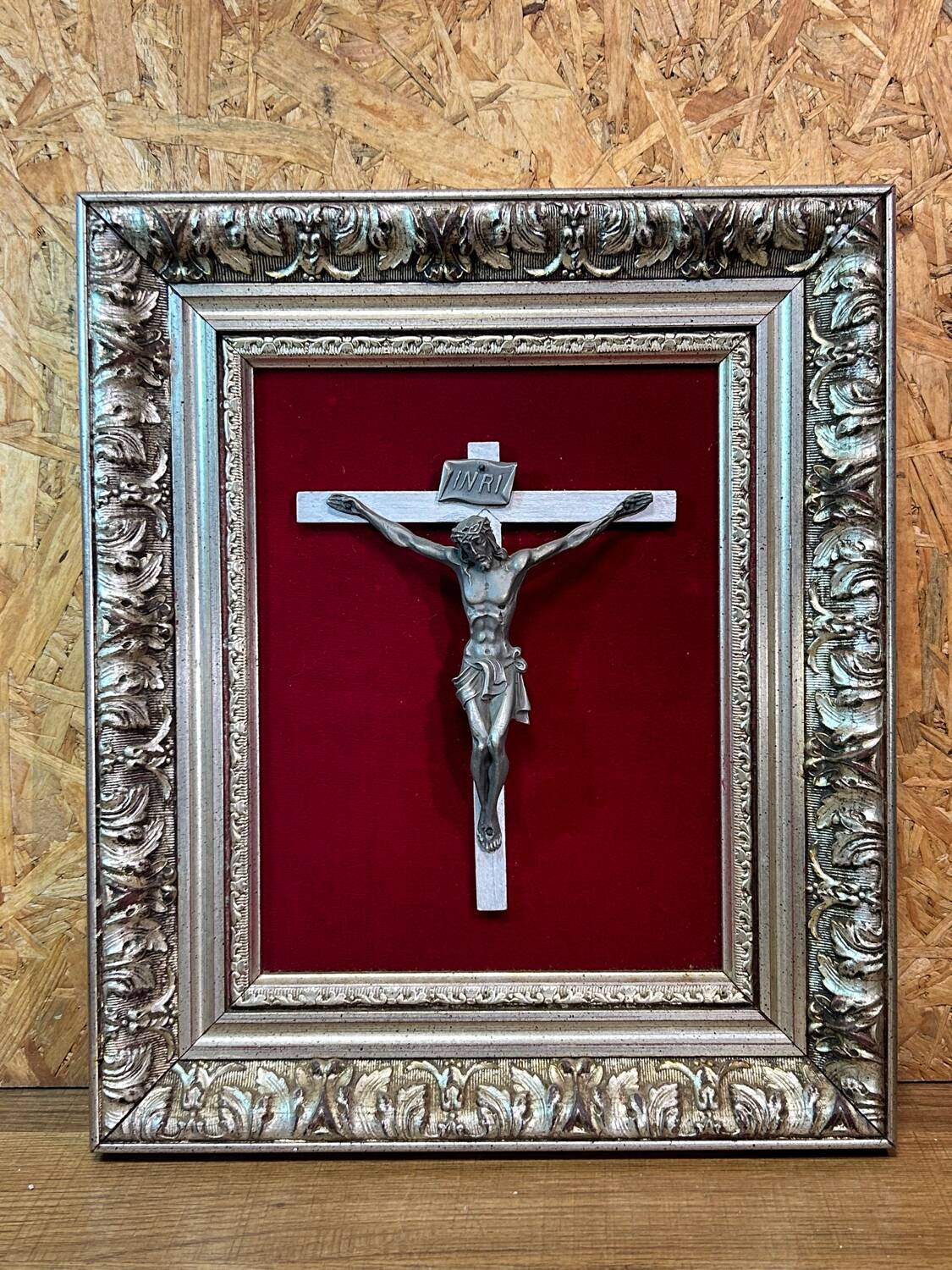 Crucifix, christ, on red velvet frame, silver wood, 50s, 60s, vintage